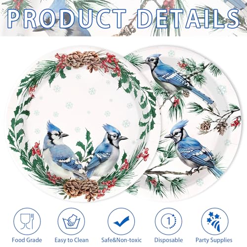 50 Pcs Christmas Winter Blue Jay Party Paper Plates - Grencian