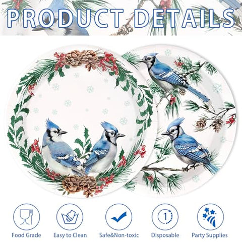 50 Pcs Christmas Winter Blue Jay Party Paper Plates - Grencian