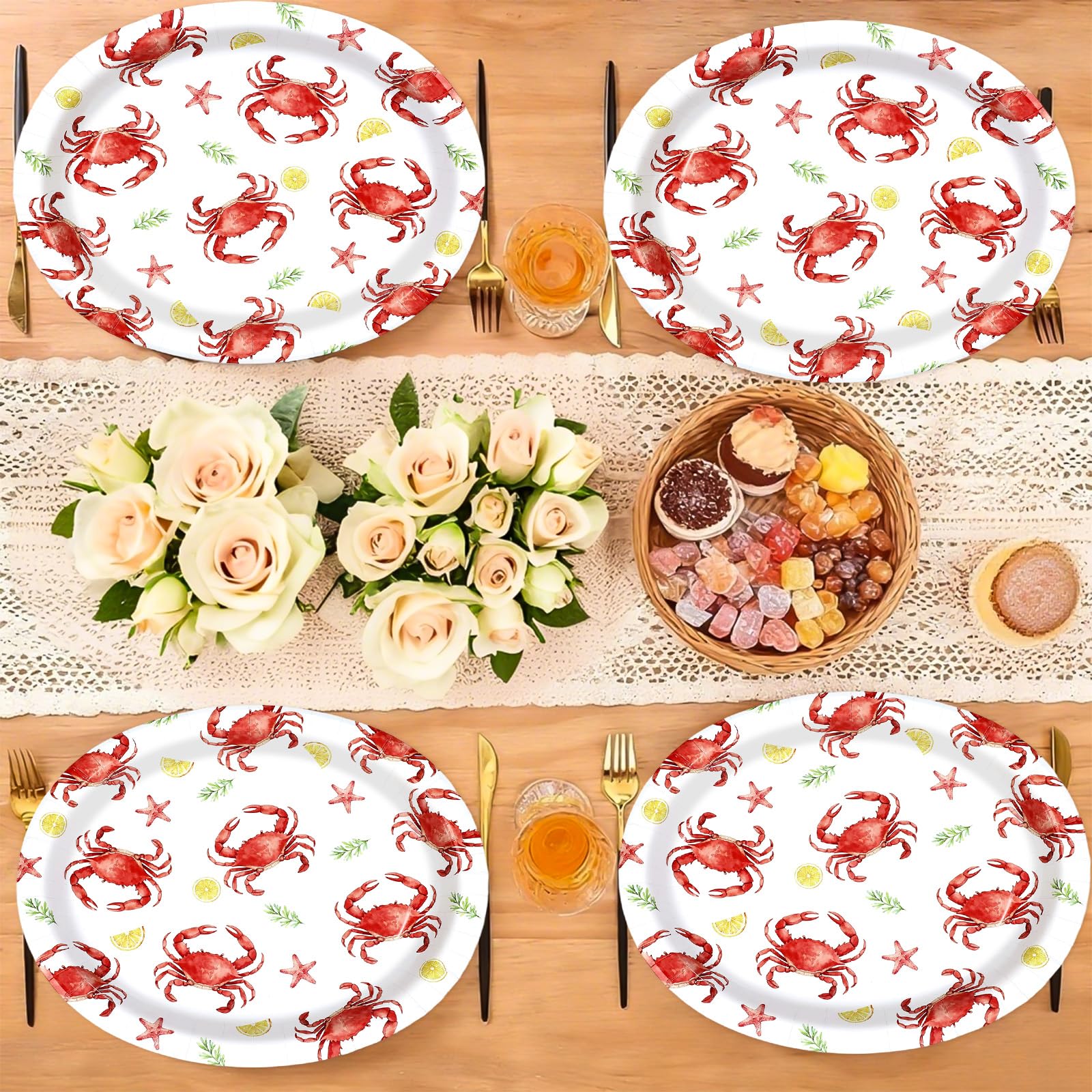 50 Pcs Crab Lemon Oval Paper Plates - Grencian