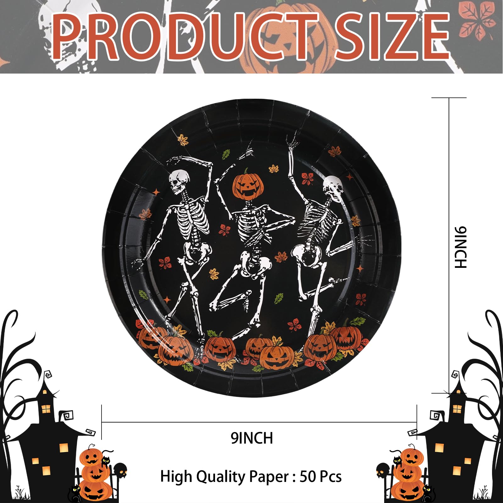 50 Pcs Dancing Pumpkin Skull Party Paper Plates - Grencian