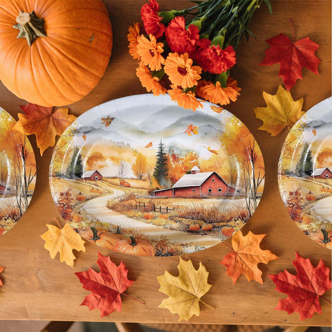 50Pcs Fall Landscape Oval Paper Plates - Grencian