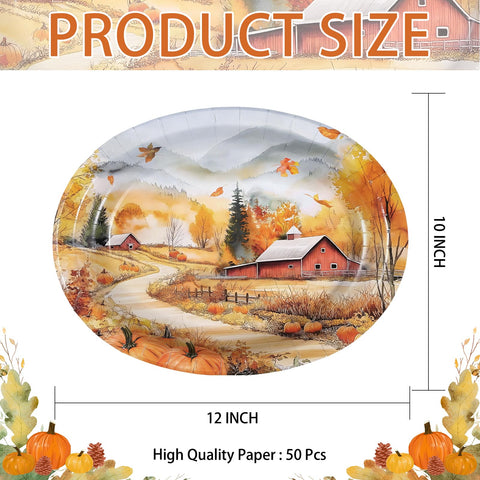 50Pcs Fall Landscape Oval Paper Plates - Grencian