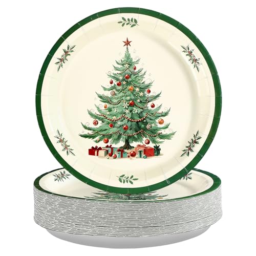 50 Pcs Green Border Christmas Trees Party Paper Plates - Grencian