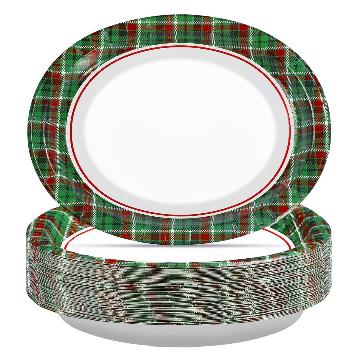 50Pcs Green Red Gingham Oval Paper Plates