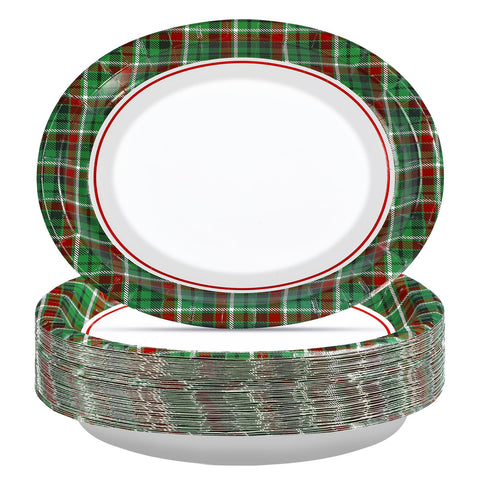 50Pcs Green Red Gingham Oval Paper Plates