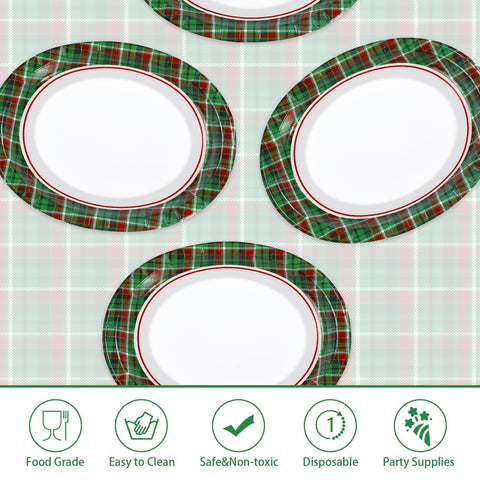 50Pcs Green Red Gingham Oval Paper Plates