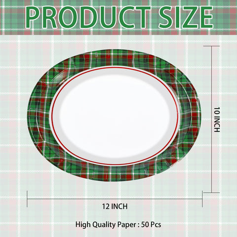 50Pcs Green Red Gingham Oval Paper Plates