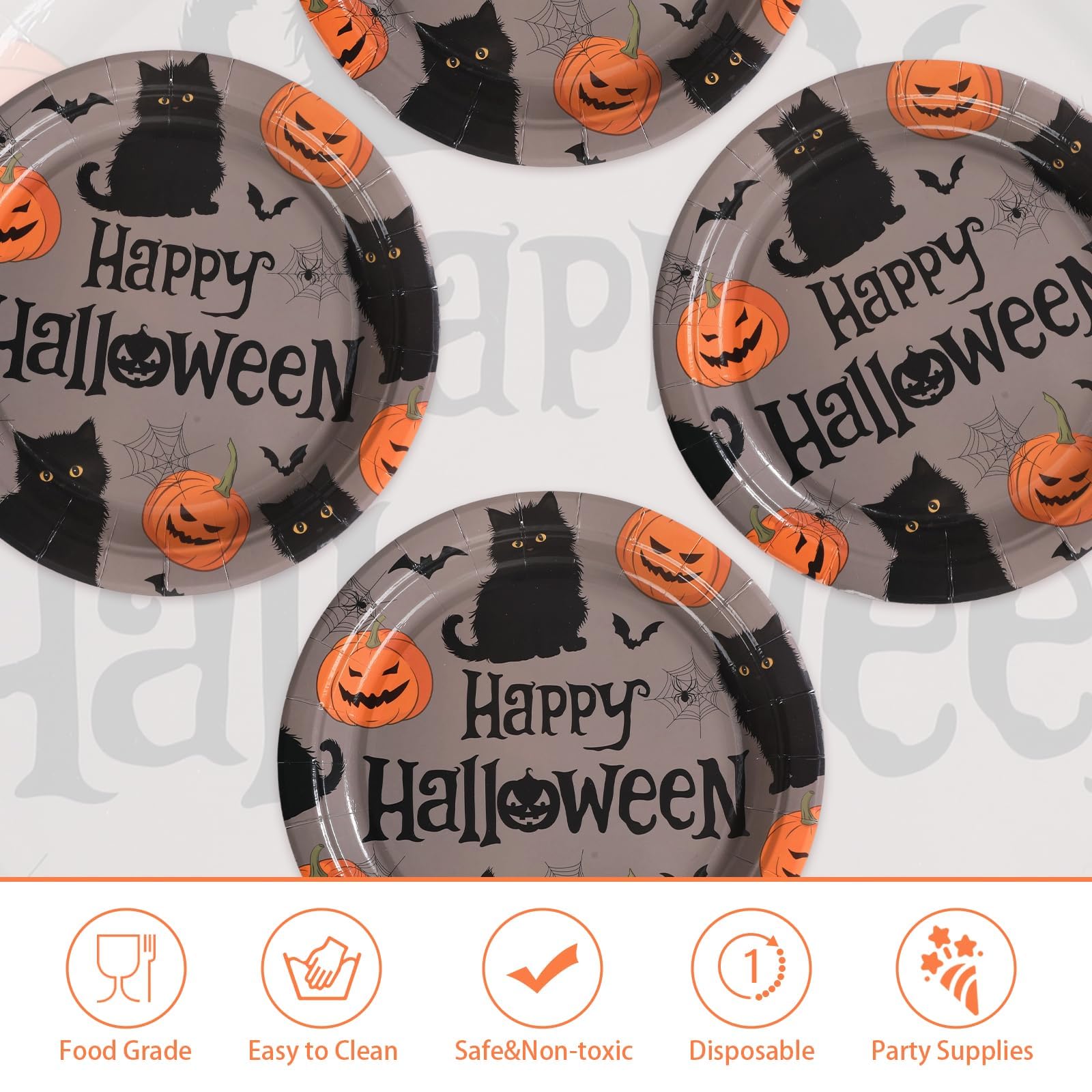50 Pcs Halloween Black Cat Pumpkin Party Paper Plates