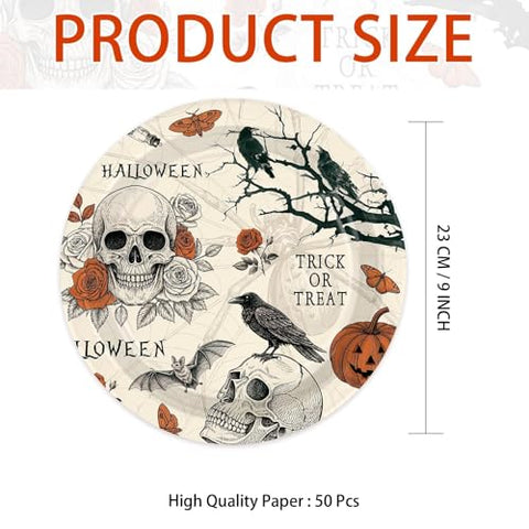 50 Pcs Halloween Gothic Skull Party Paper Plates - Grencian