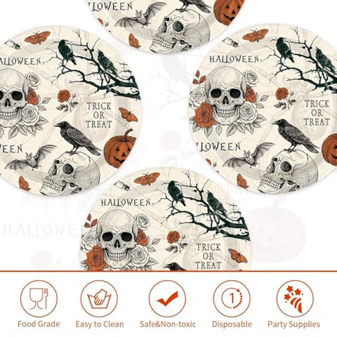 50 Pcs Halloween Gothic Skull Party Paper Plates - Grencian