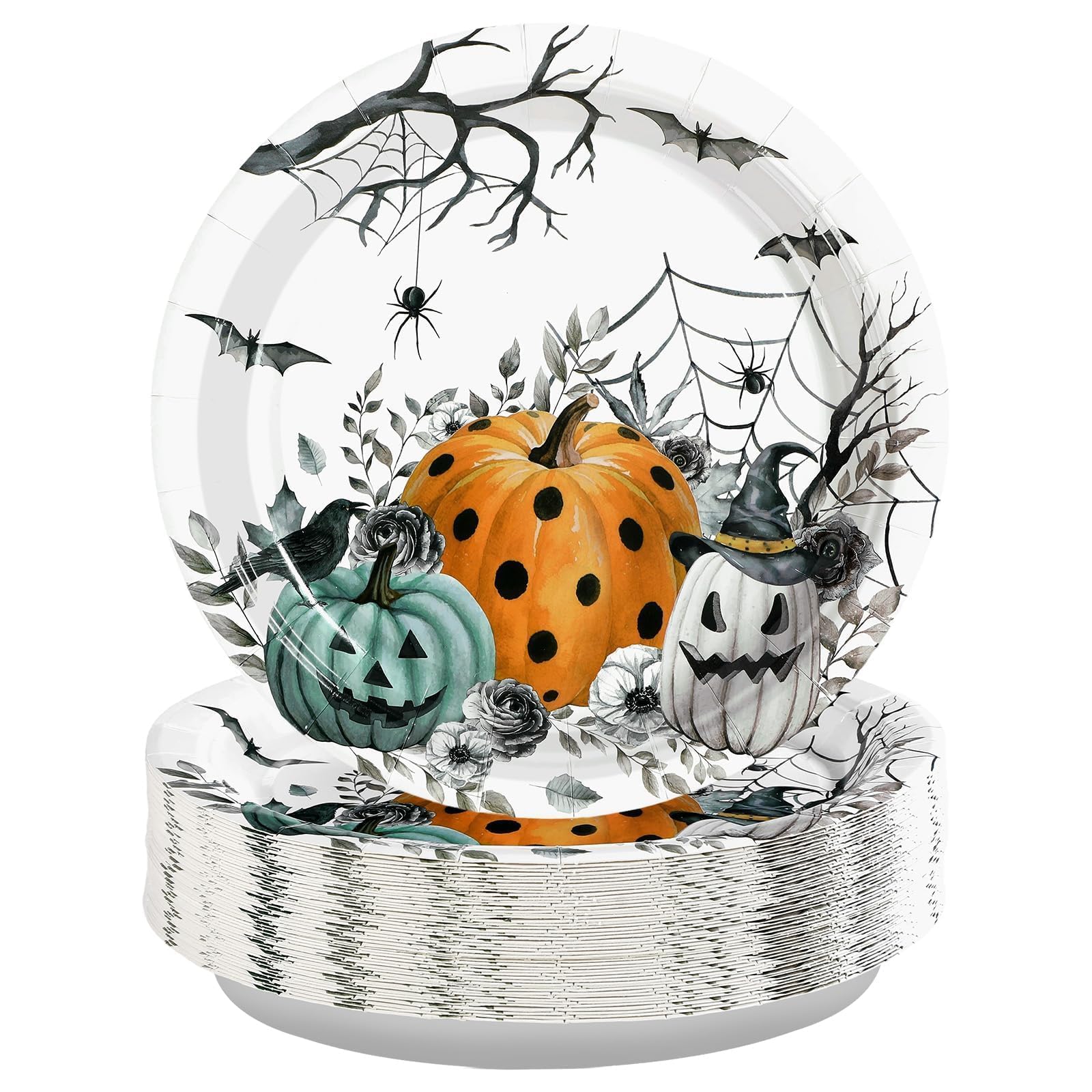 50 Pcs Halloween Pumpkin Bat Party Paper Plates - Grencian