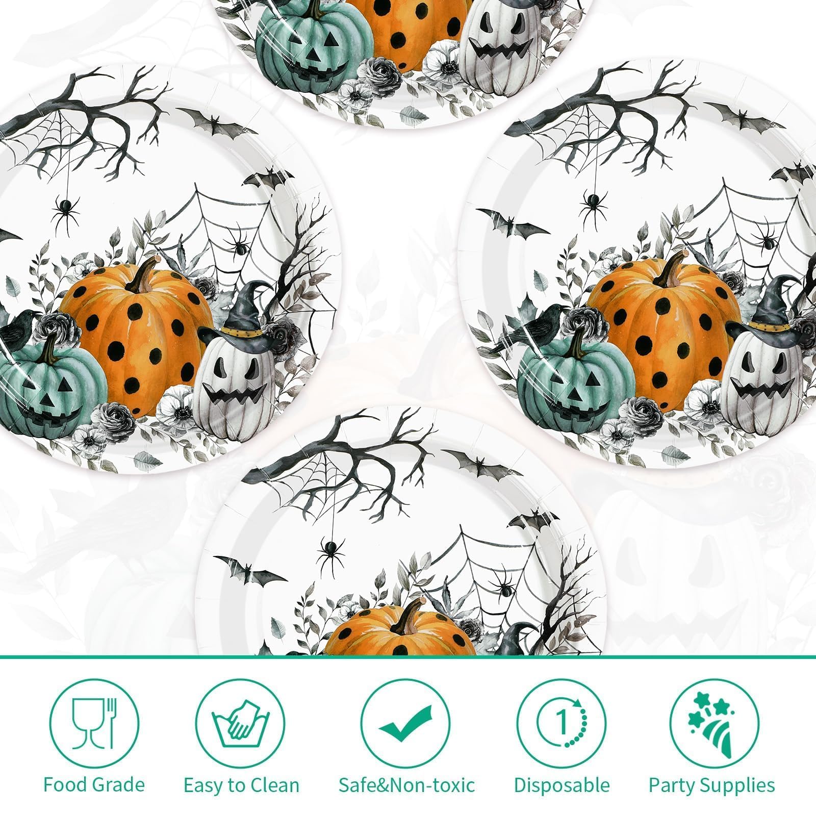50 Pcs Halloween Pumpkin Bat Party Paper Plates - Grencian