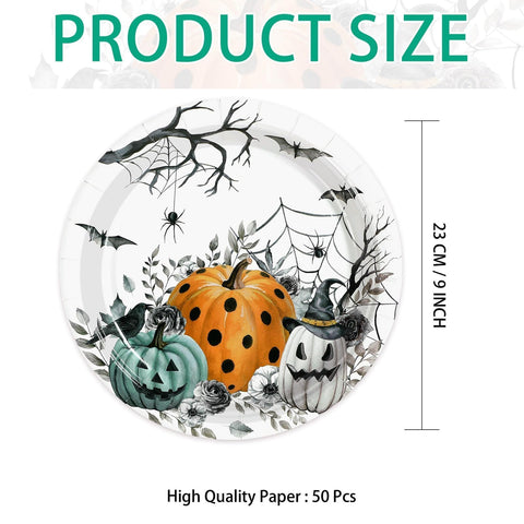 50 Pcs Halloween Pumpkin Bat Party Paper Plates - Grencian