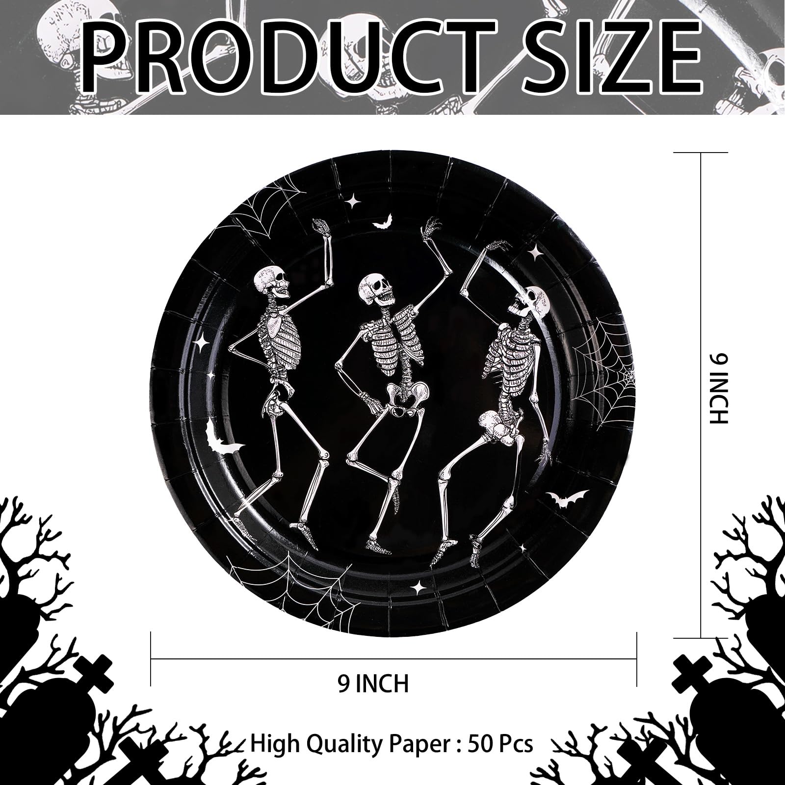 50 Pcs Halloween Skeleton Party Paper Plates - Grencian