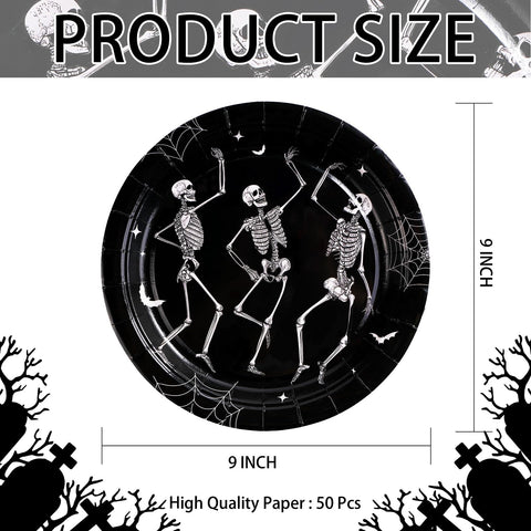 50 Pcs Halloween Skeleton Party Paper Plates - Grencian