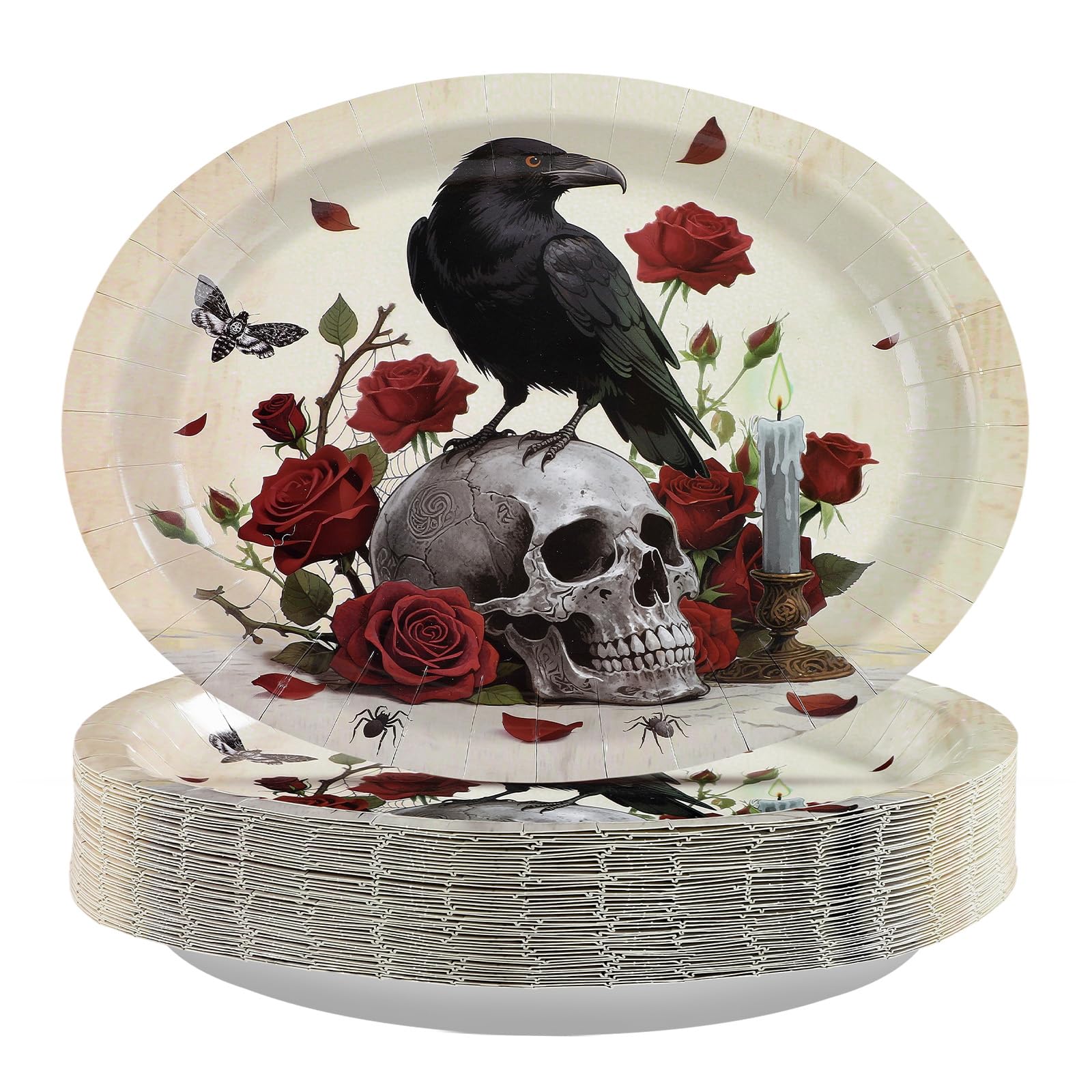 50Pcs Halloween Skull Rose Oval Paper Plates - Grencian