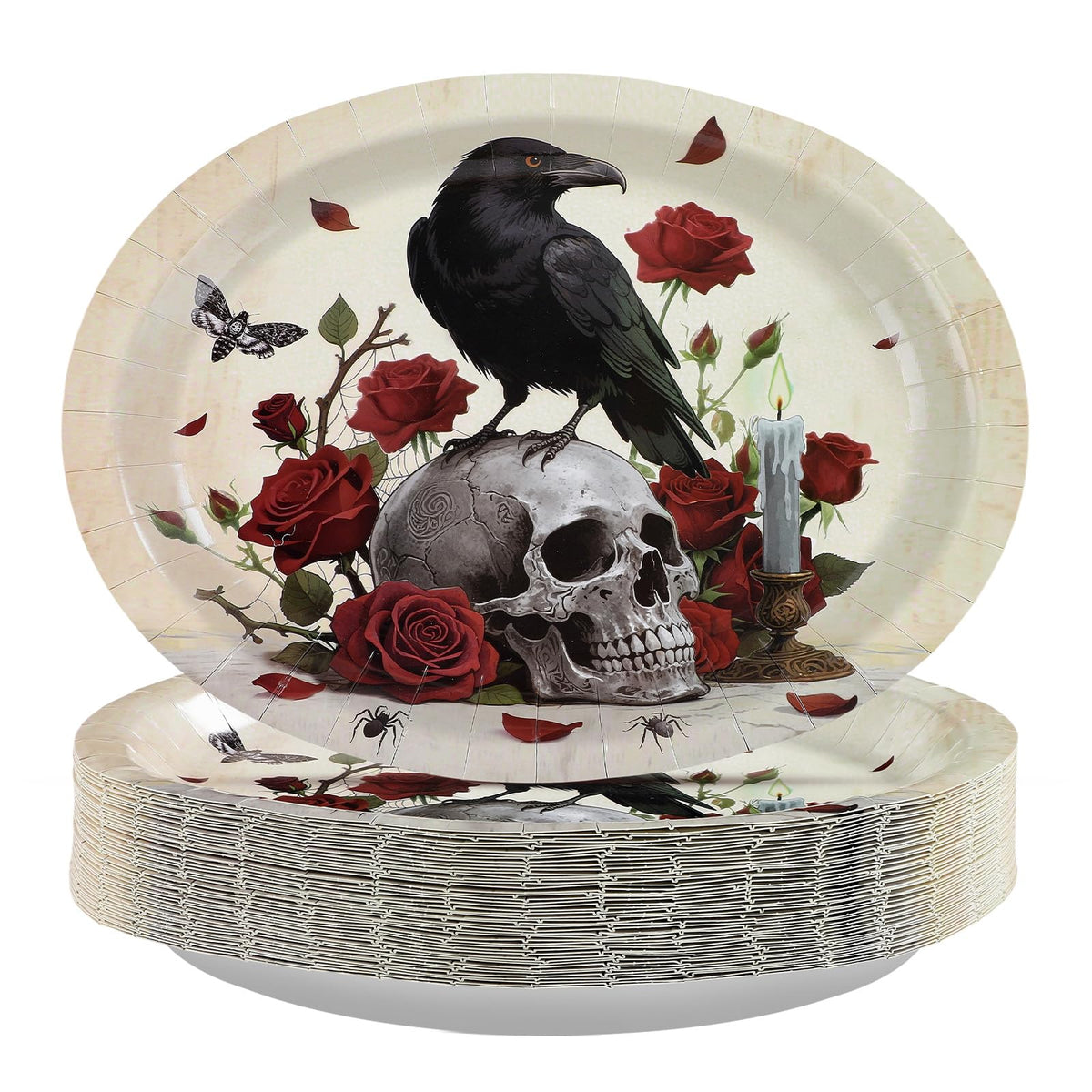 50Pcs Halloween Skull Rose Oval Paper Plates - Grencian