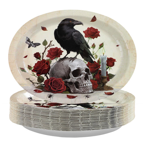 50Pcs Halloween Skull Rose Oval Paper Plates - Grencian