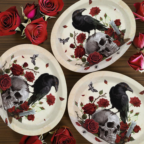 50Pcs Halloween Skull Rose Oval Paper Plates - Grencian