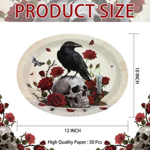 50Pcs Halloween Skull Rose Oval Paper Plates - Grencian