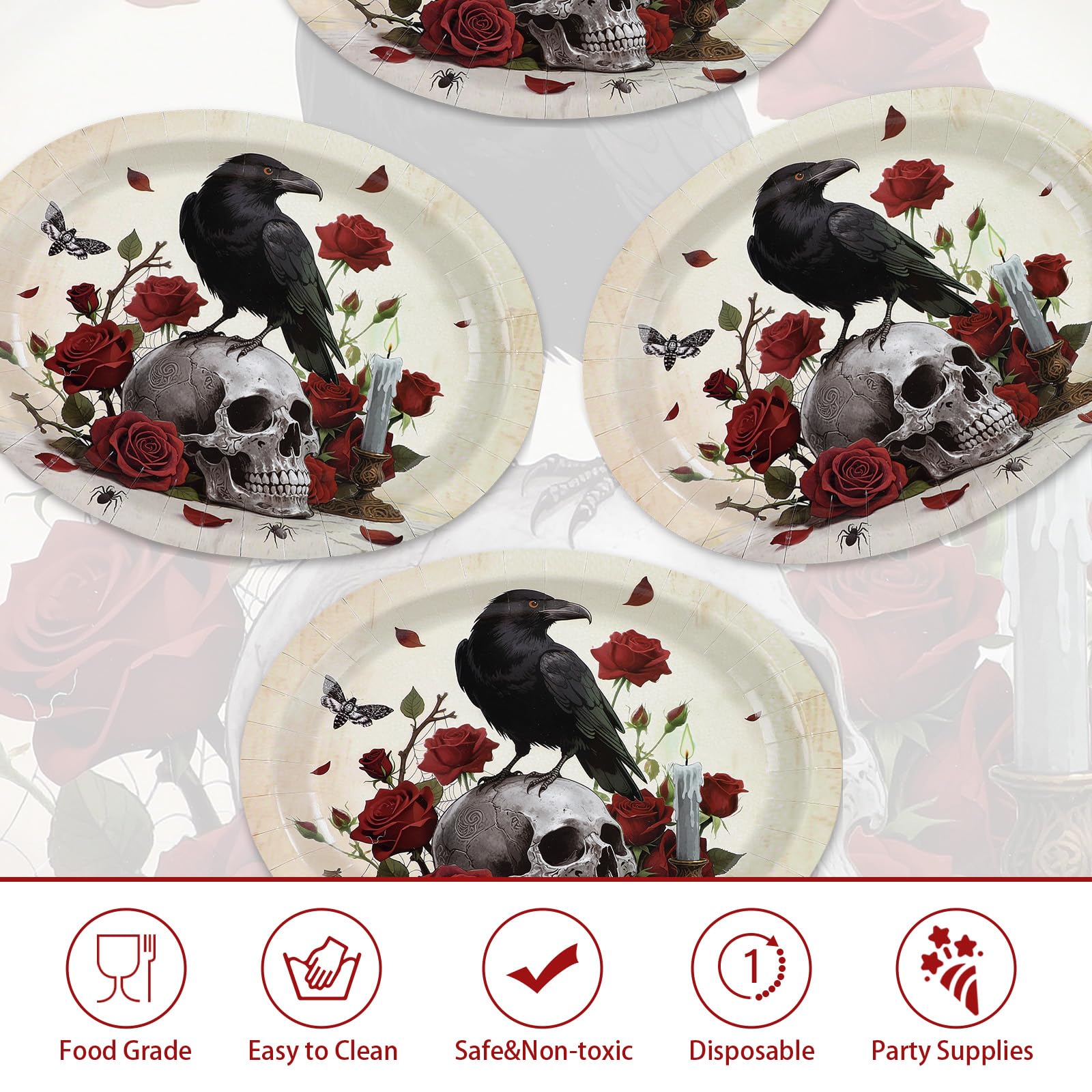 50Pcs Halloween Skull Rose Oval Paper Plates - Grencian