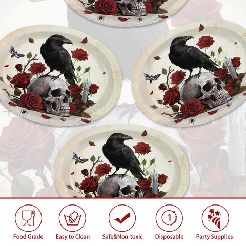 50Pcs Halloween Skull Rose Oval Paper Plates - Grencian