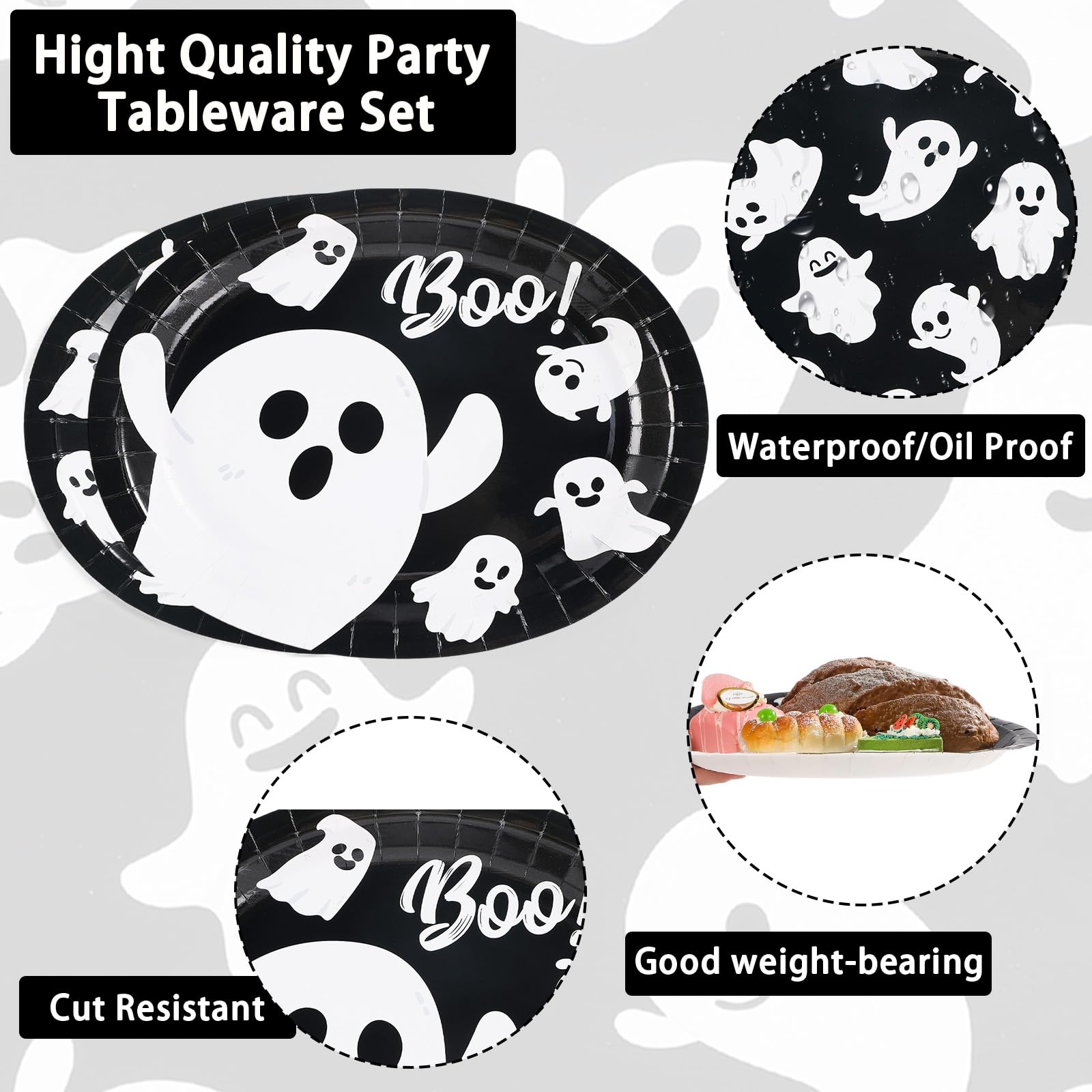 50Pcs Halloween White Ghost Oval Paper Plates - Grencian
