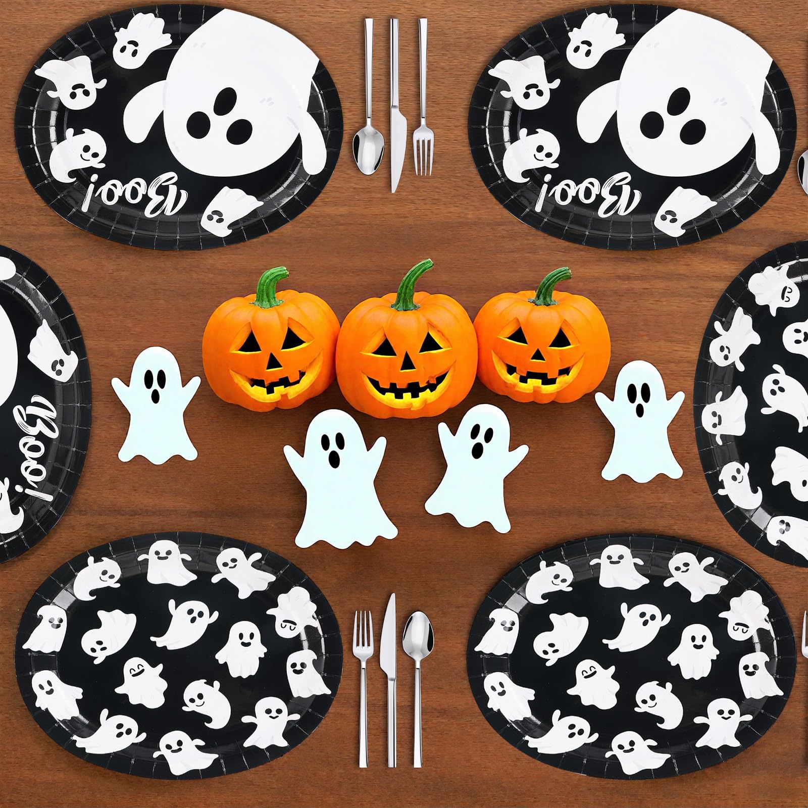 50Pcs Halloween White Ghost Oval Paper Plates - Grencian