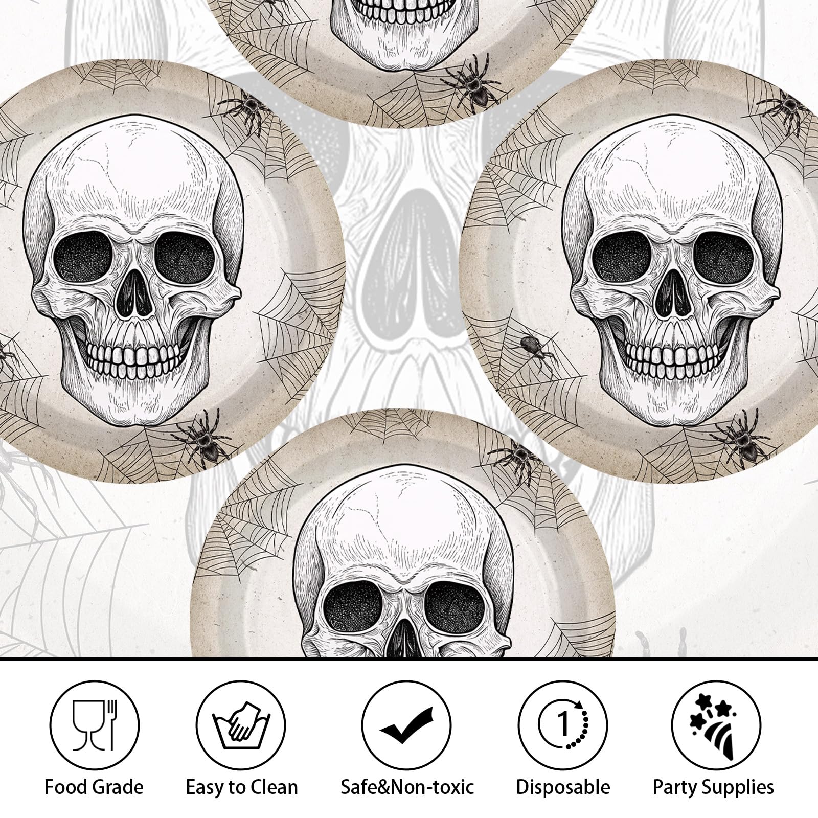 50 Pcs Halloween White Skull Party Paper Plates - Grencian