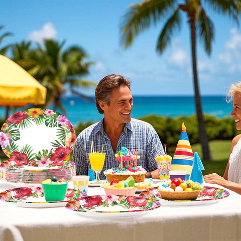50 Pcs Hawaiian Luau Oval Paper Plates - Grencian