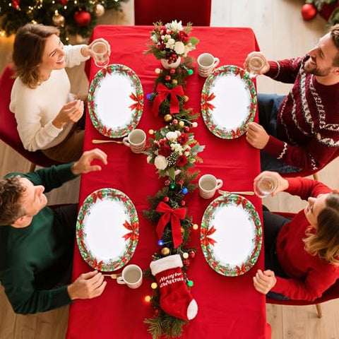 50Pcs Holly Red Ribbon Oval Paper Plates - Grencian