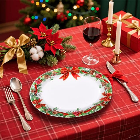 50Pcs Holly Red Ribbon Oval Paper Plates - Grencian