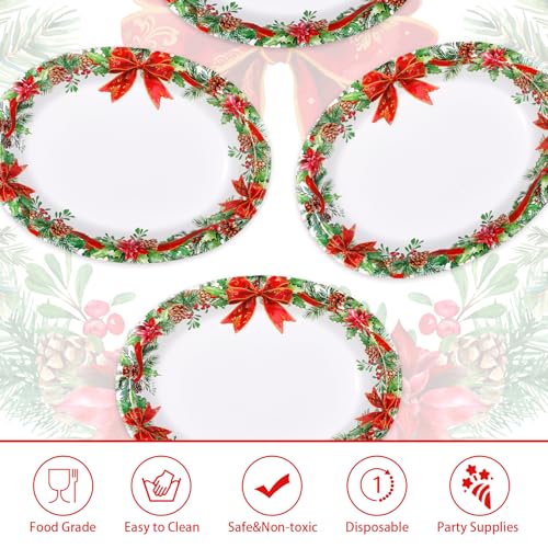 50Pcs Holly Red Ribbon Oval Paper Plates - Grencian
