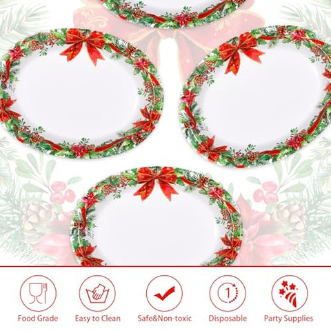50Pcs Holly Red Ribbon Oval Paper Plates - Grencian