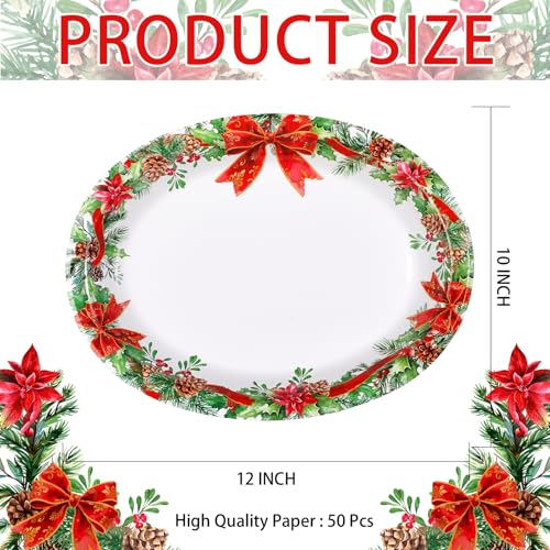 50Pcs Holly Red Ribbon Oval Paper Plates - Grencian