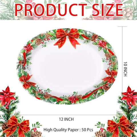 50Pcs Holly Red Ribbon Oval Paper Plates - Grencian