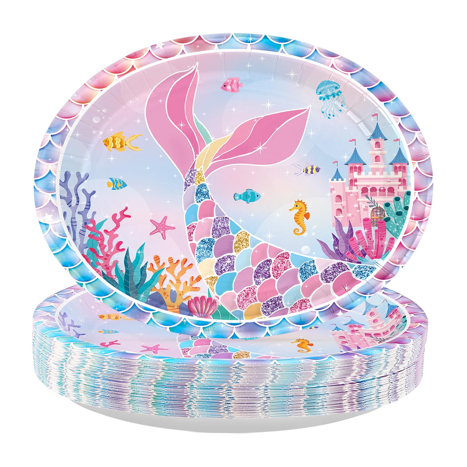 50 Pcs Mermaid Oval Paper Plates - Grencian