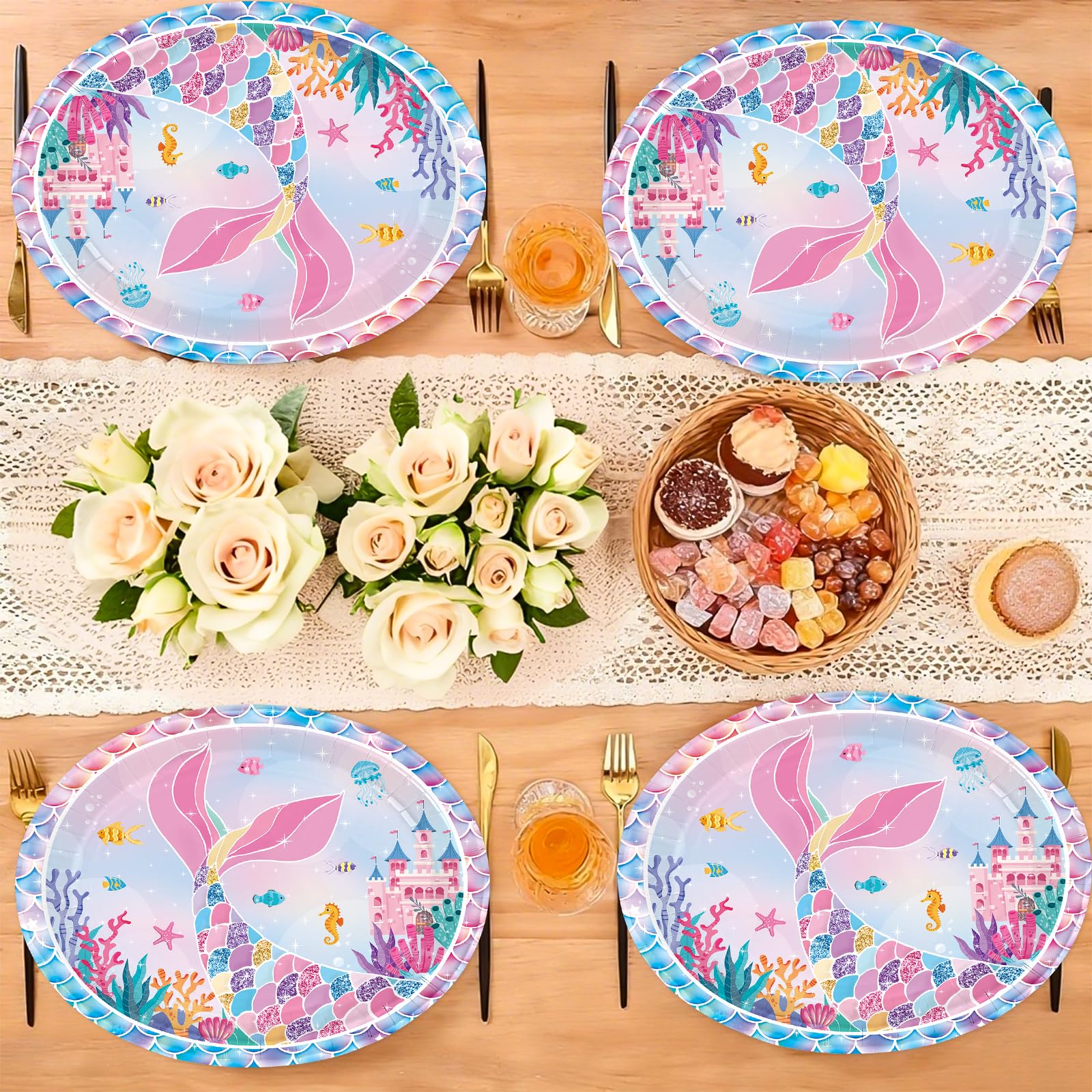 50 Pcs Mermaid Oval Paper Plates - Grencian