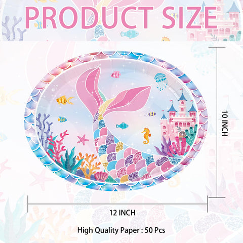 50 Pcs Mermaid Oval Paper Plates - Grencian