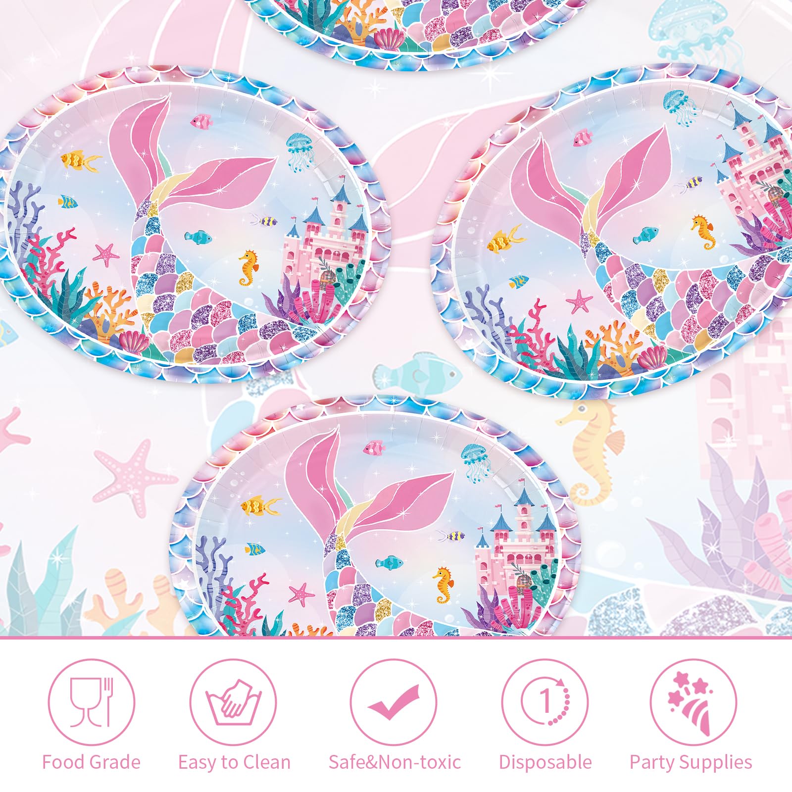 50 Pcs Mermaid Oval Paper Plates - Grencian