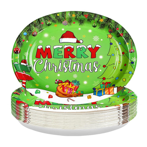50 Pcs Merry Christmas Green Oval Paper Plates - Grencian