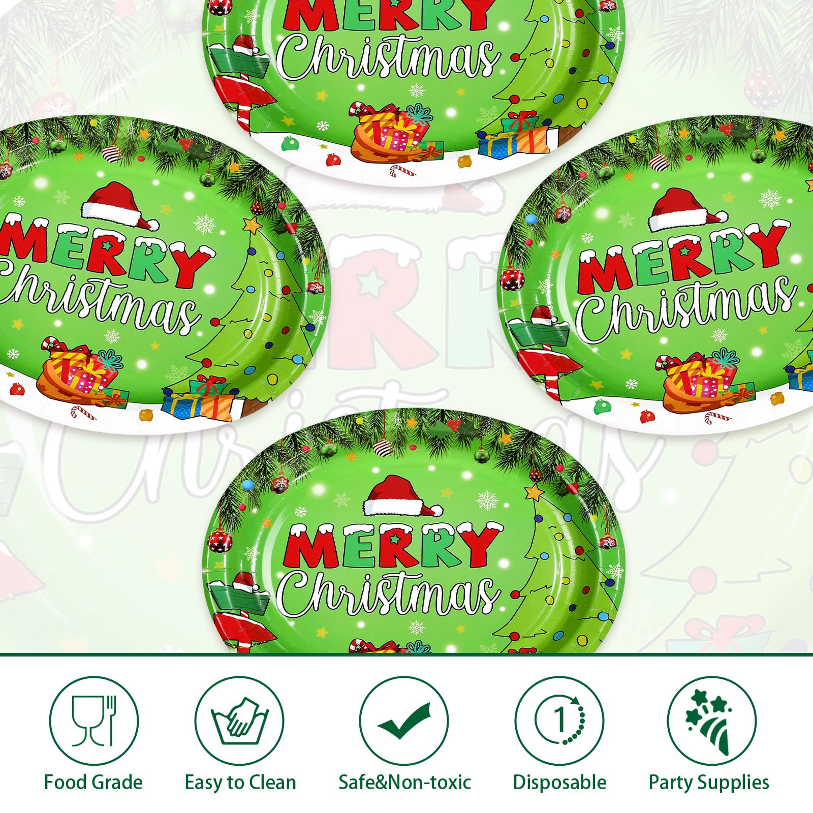 50 Pcs Merry Christmas Green Oval Paper Plates - Grencian