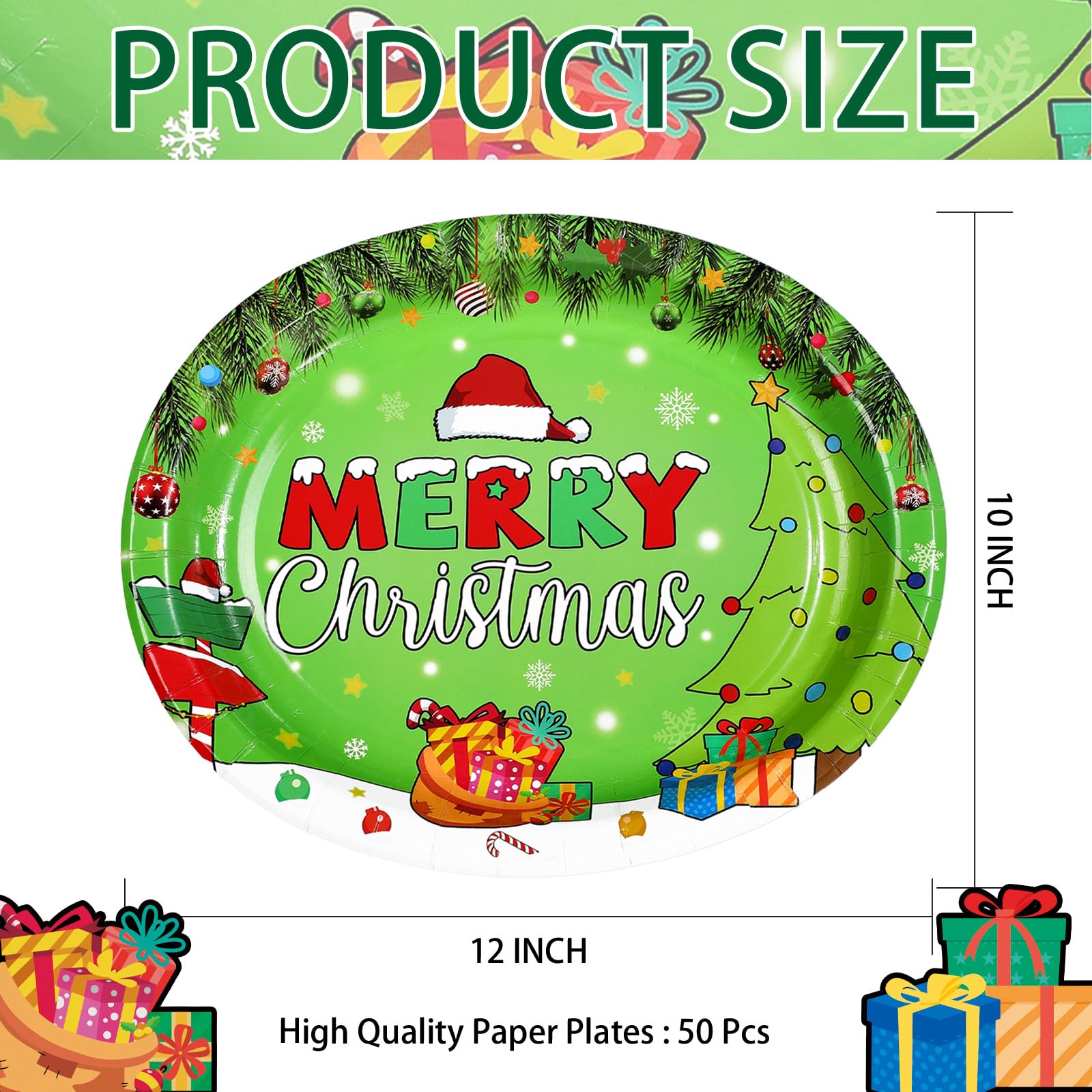 50 Pcs Merry Christmas Green Oval Paper Plates - Grencian