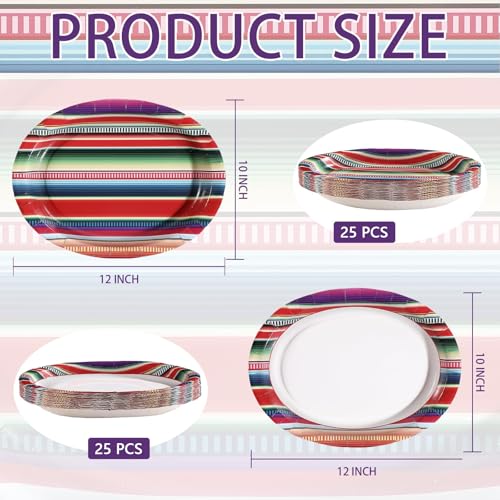 50 Pcs Mexican Striped Oval Paper Plates - Grencian