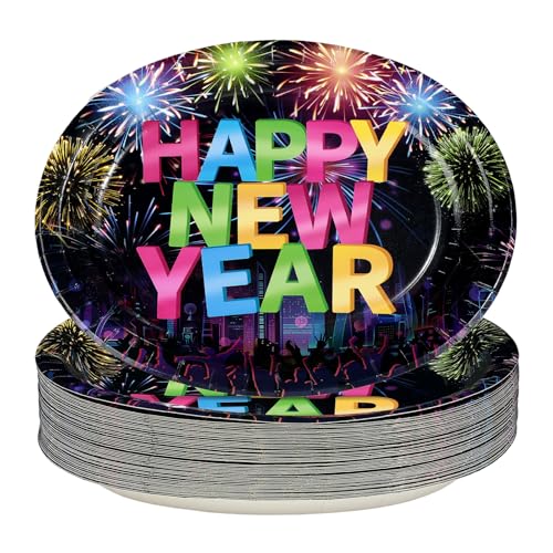 50 Pcs New Year Fireworks Oval Party Paper Plates - Grencian
