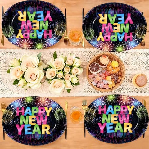 50 Pcs New Year Fireworks Oval Party Paper Plates - Grencian