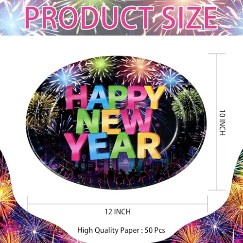 50 Pcs New Year Fireworks Oval Party Paper Plates - Grencian