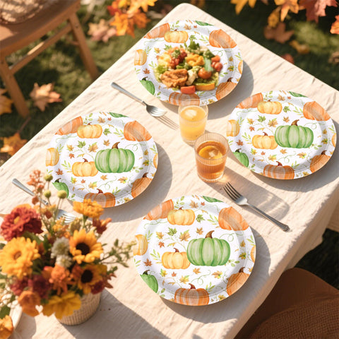 50 Pcs Orange Green Pumpkins Party Paper Plates - Grencian