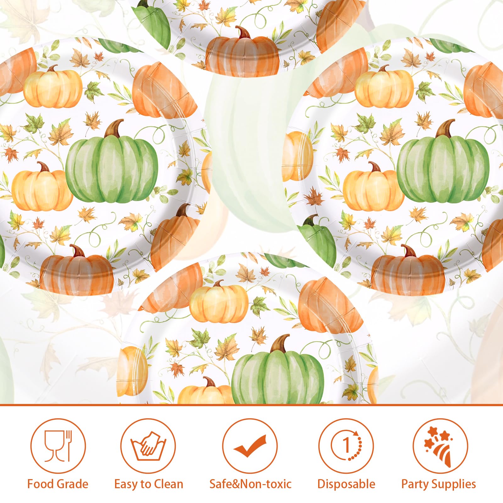 50 Pcs Orange Green Pumpkins Party Paper Plates - Grencian