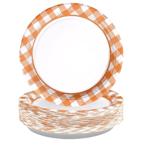 50 Pcs Orange White Gingham Party Paper Plates
